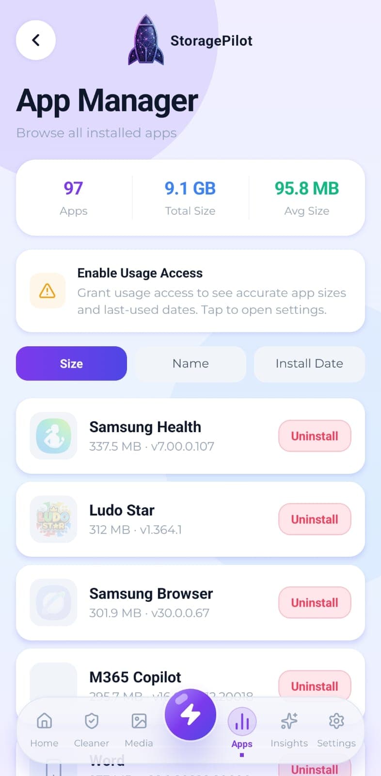 App Manager: every installed app with its size and version, sorted by size