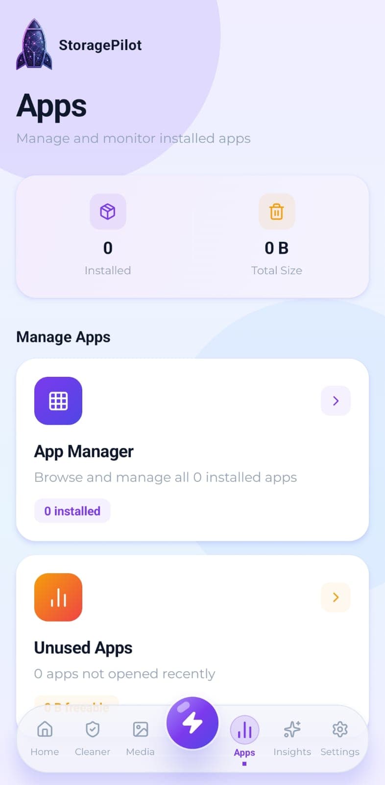 Apps: the app manager and unused app finder, with the installed count and total size
