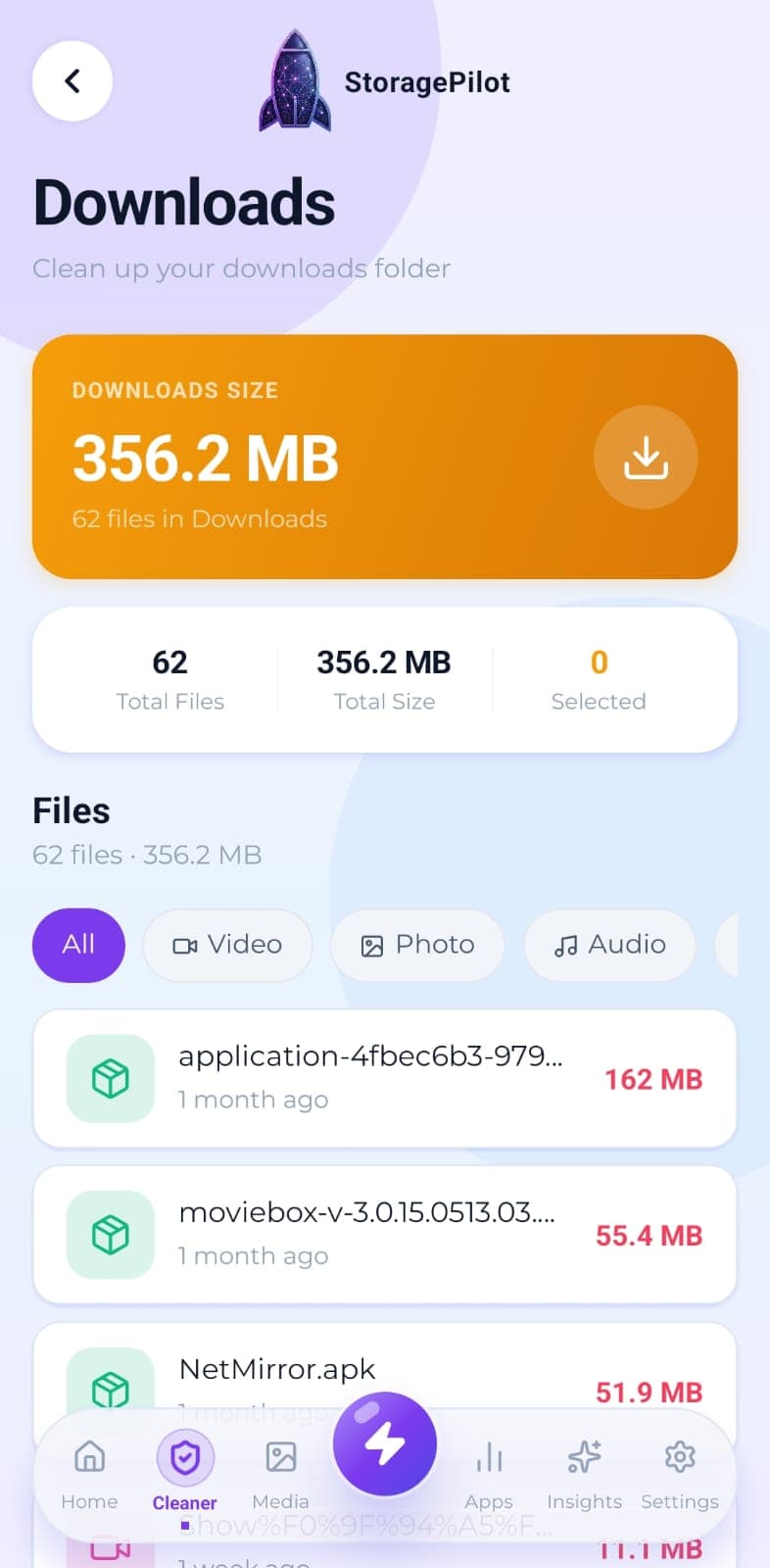 Downloads: the Downloads folder listed largest first, with type filters