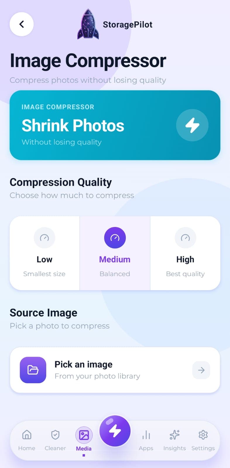 Image Compressor: the low, medium and high quality selector before picking a photo