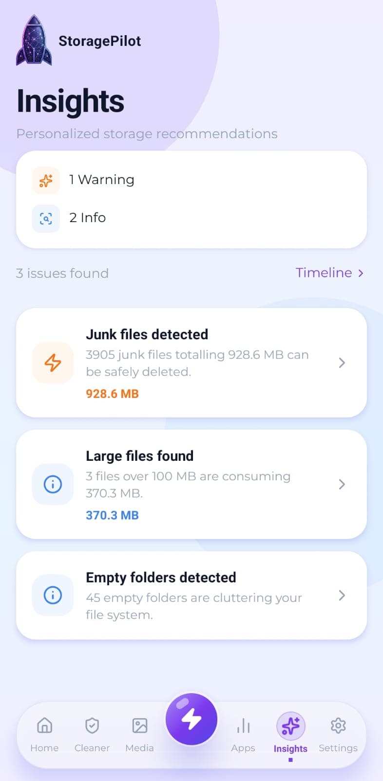 Insights: junk files, large files and empty folders listed with the space each is holding