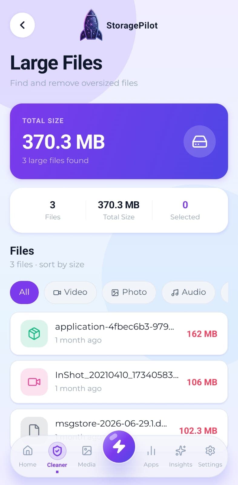 Large Files: files sorted largest first, with type filters and a selection count