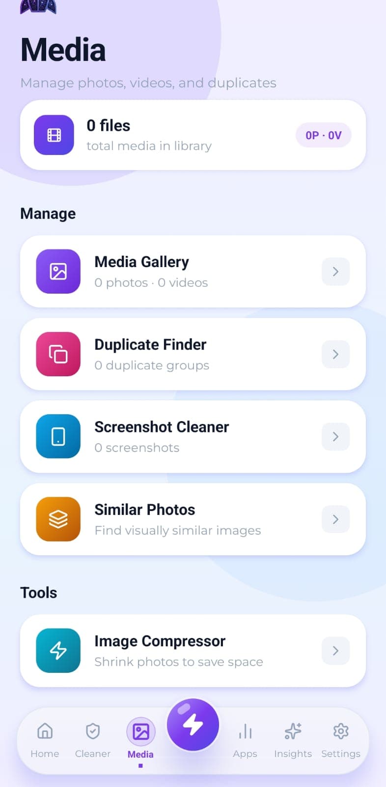 Media: the gallery, duplicate finder, screenshot cleaner, similar photos and image compressor