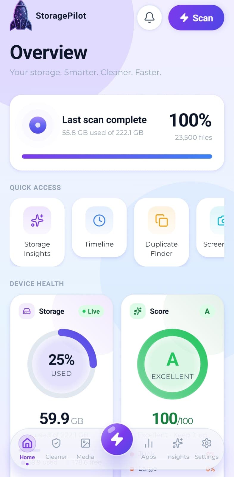 StoragePilot Overview: the storage ring at 25% used, a cleanup score of A, and quick access to every tool