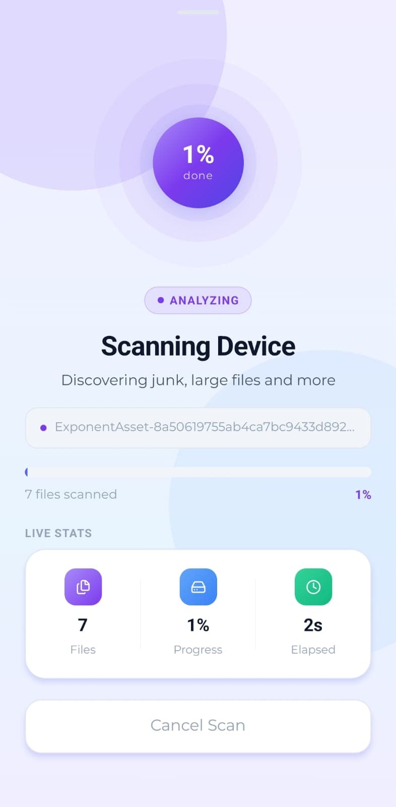 Scanning Device: live progress with the real file count, the current path and elapsed time