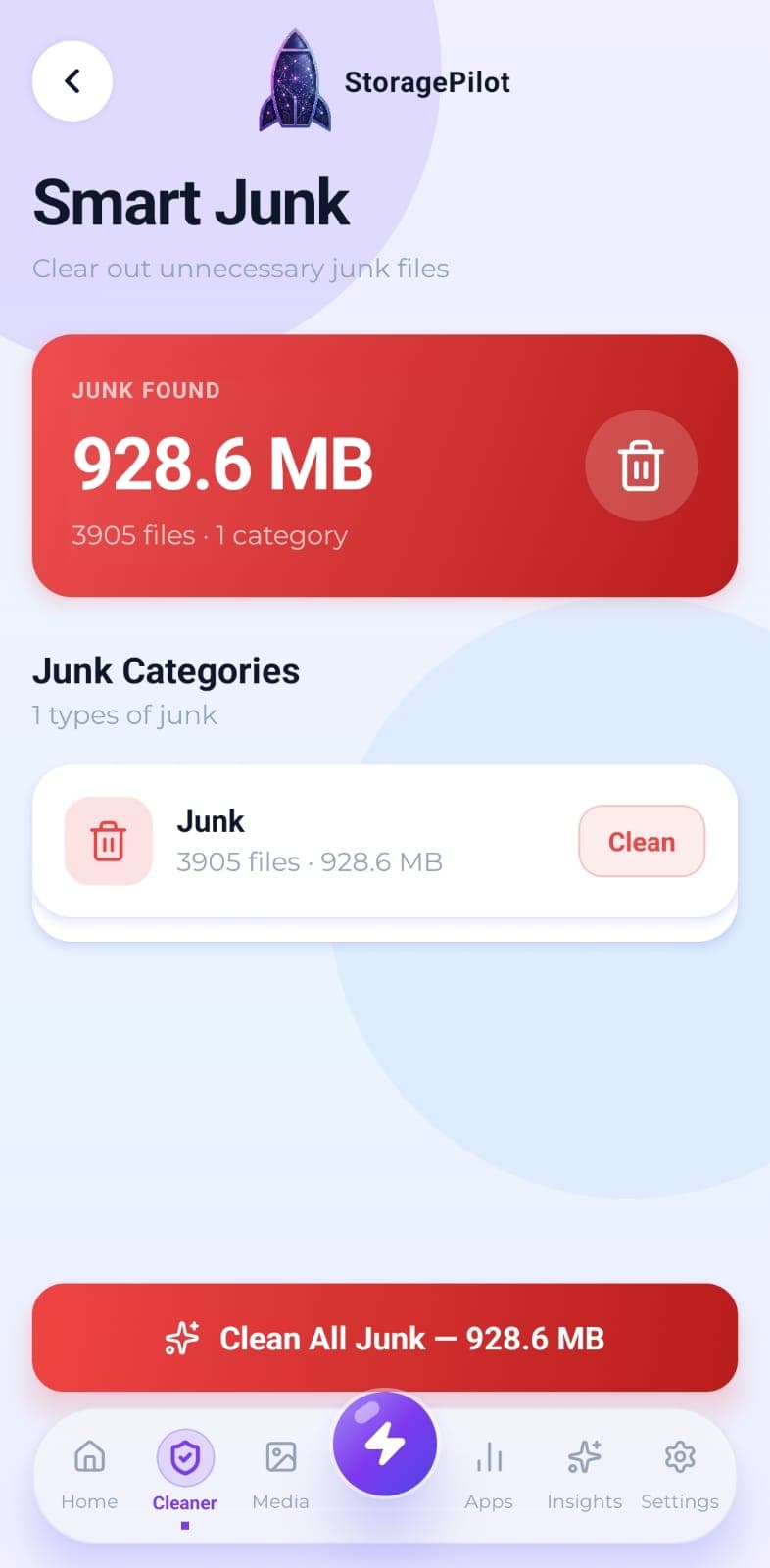 Smart Junk: everything found, grouped by category with a clean button per type