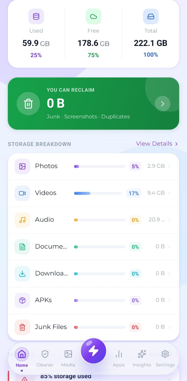 Dashboard: used, free and total space, plus the full category breakdown