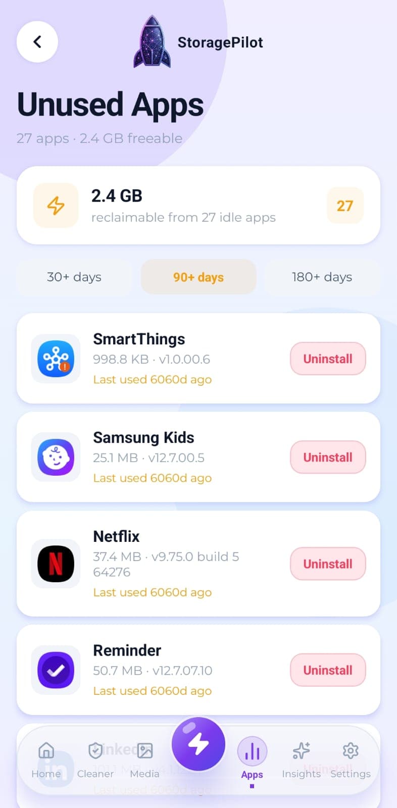 Unused Apps: filtered by 30, 90 or 180 days since you last opened them