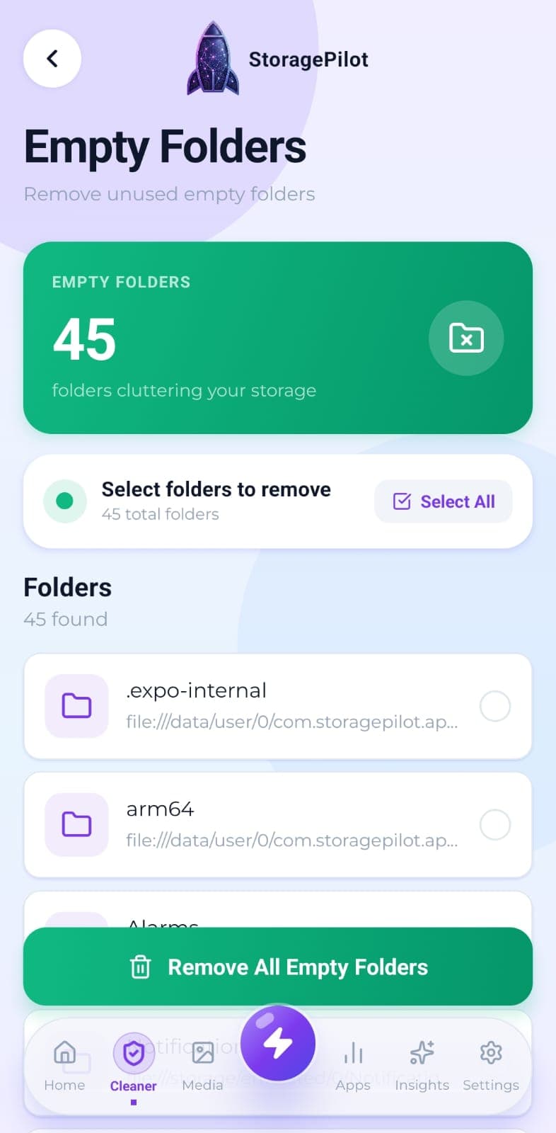 Empty Folders: every empty directory with its path, select all and remove all