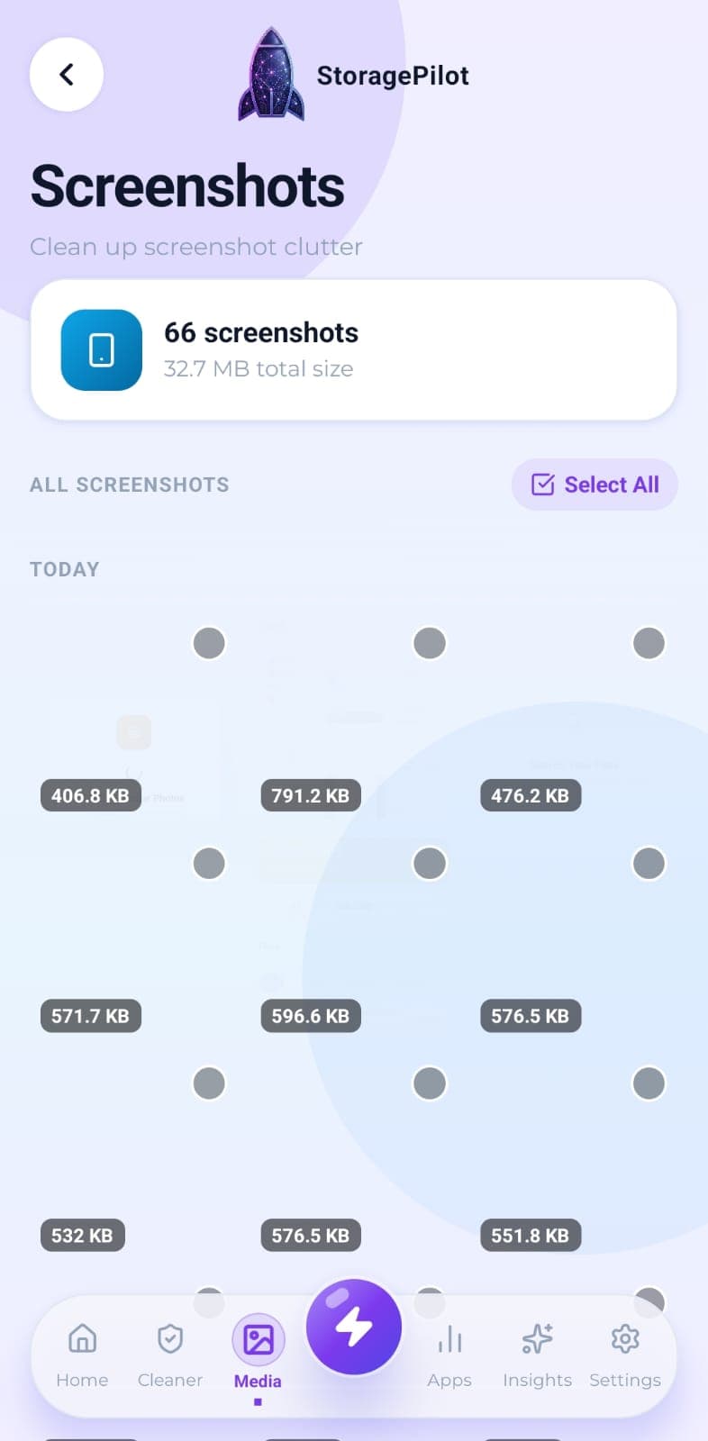 Screenshots: every detected screenshot with its size, and select all